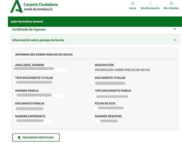 Datos en Registro de Parejas de Hecho